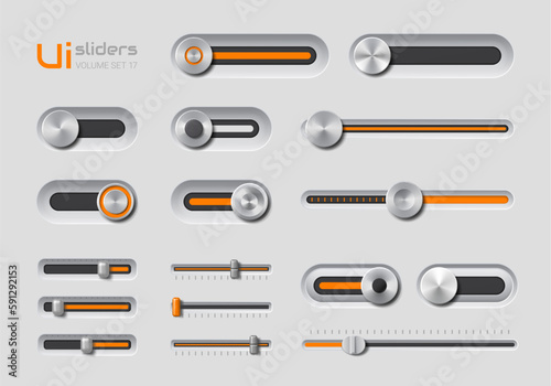 Ui slider bar buttons with adjustable knobs for controlling audio and video. Vector intuitive design elements for easy adjustments of volume and timeline, for multimedia content or software interfaces