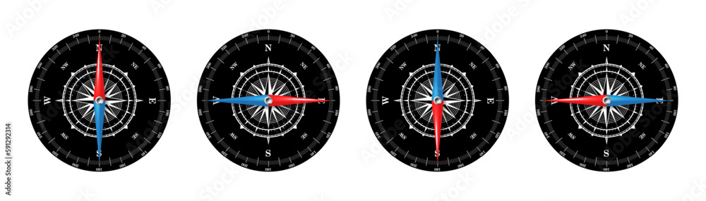 Marine compass, nautical wind rose with cardinal directions of North, East, South, West and degree markings. Geographical position and orientation, cartography and navigation. Vector illustration Marine compass, nautical wind rose with cardinal directions of North, East, South, West and degree markings. Geographical position and orientation, cartography and navigation. Vector illustration