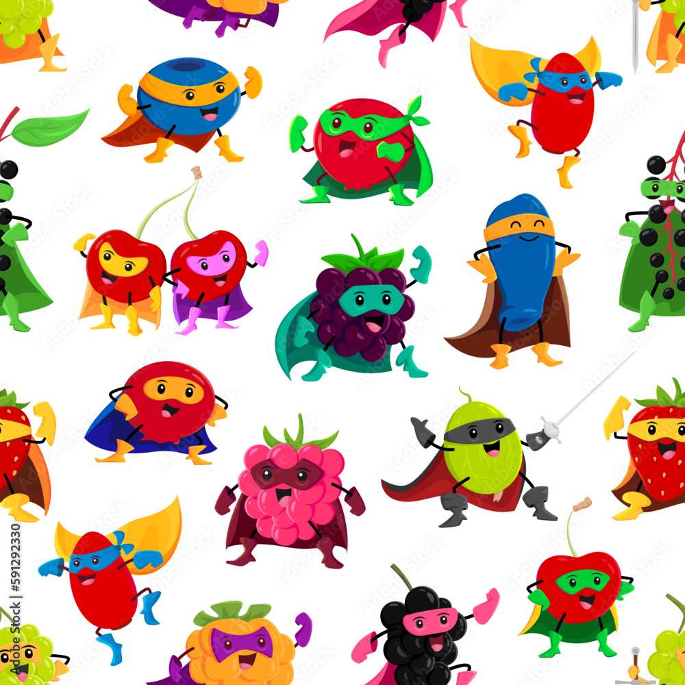 Fototapeta premium Cartoon berry superhero and defender characters seamless pattern. Vector background with blueberry, rosehip, blackberry and gooseberry. Cranberry, cherry, strawberry and birds cherry super heroes