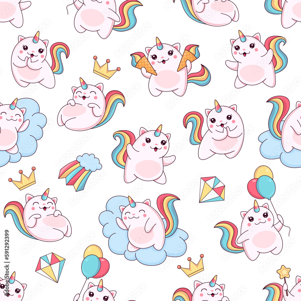 Cartoon cute caticorn seamless pattern with funny cat animal unicorn characters. Vector background of kawaii pink cats or kittens with rainbow tails and horns, clouds, ice cream cones and balloons
