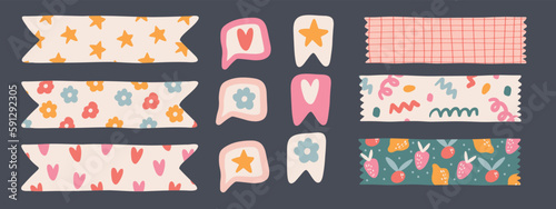 Set of Notebook Kawaii Washi Tape strips. Cute element of sticky notes, decorative scotch. Printable stickers for Daily planner, scrapbook, and schedule