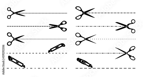Cut lines, scissors, utility knife cutting lines. Vector monochrome dotted and dashed borders. Perforated horizontal stripes for discount coupon, paper page, ticket or flyer product packaging marks