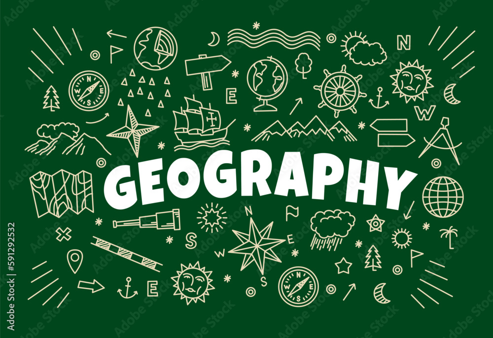 Geography background with signs and symbols of map on school blackboard