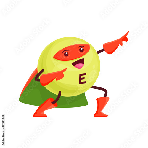 Cartoon vitamin E superhero character. Vector tocopherol micronutrient defender, comics book personage posing in cape and mask. Ball or dragee supplement, fantasy super hero medical bubble