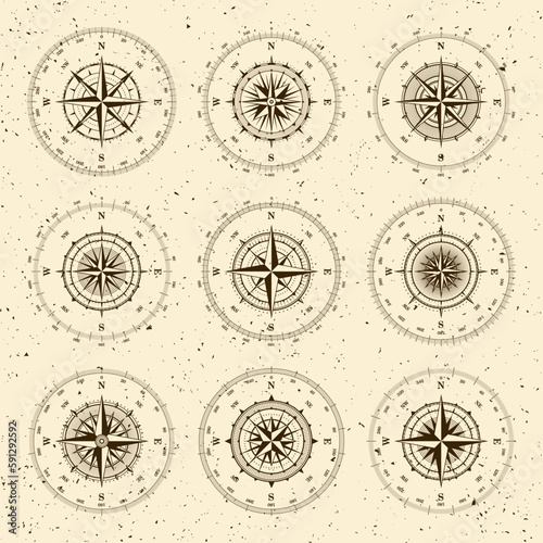 Vintage marine wind rose, nautical chart. Monochrome navigational compass with cardinal directions of North, East, South, West and degree markings. Geographical position, cartography and navigation.