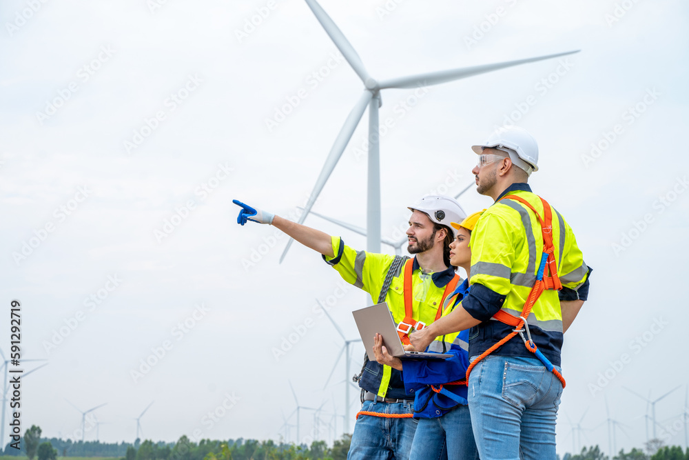 Engineer inspection and survey work in wind turbine farms rotation to generate electricity energy. Engineer inspection and survey work in wind turbine farms rotation to generate electricity energy.