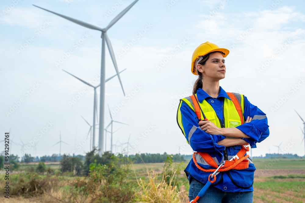 Engineer working and maintenance in wind turbine,Power generation Saving and using renewable energy concept.