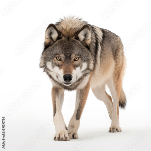 Alpha Predator  Captivating Close-up of a Wolf on White Background Stalking its Prey Danger Concept
