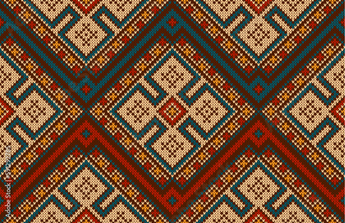 Aztec peruvian mexican knit pattern, ethnic ornament. Vector seamless background with knitted texture, inspired by native indigenous culture of Mexico and peru. Geometric shapes textile decorative art photo
