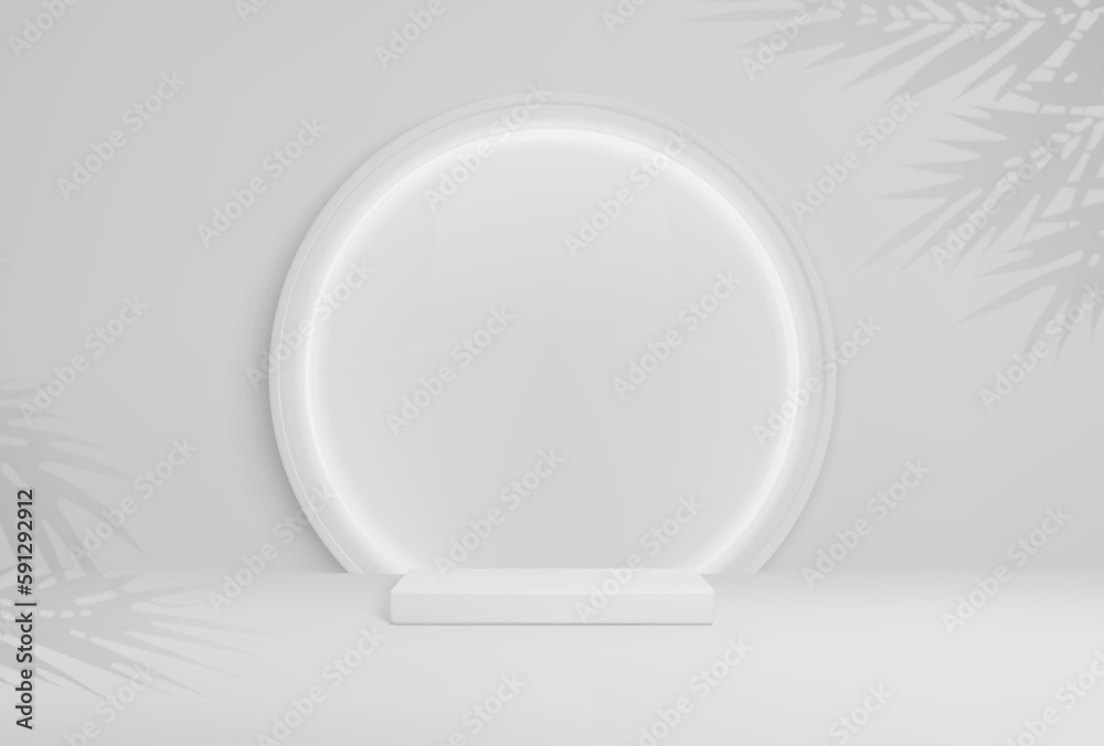 Grey round podium with palm leaves. 3d realistic platform or pedestal for products presentation in studio or showroom. Vector background with square stand and round frame for displaying cosmetic items Grey round podium with palm leaves. 3d realistic platform or pedestal for products presentation in studio or showroom. Vector background with square stand and round frame for displaying cosmetic items