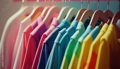 Row of colorful clothes on hangers in pastel rainbow colors. Al generated