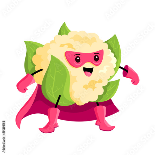 Cartoon cauliflower super hero vegetable character. Isolated vector funny veggies with super power in cloak and mask. Fairytale healthy food, vitamin superhero comics book or game powerful personage