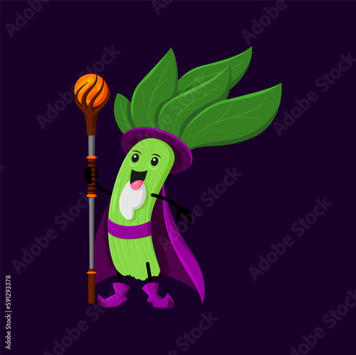 Cartoon spinach Halloween vegetable wizard, witch and mage character. vector greenery magician personage with magic staff promoting healthy eating habits, recipe books, or vegetarian or vegan products