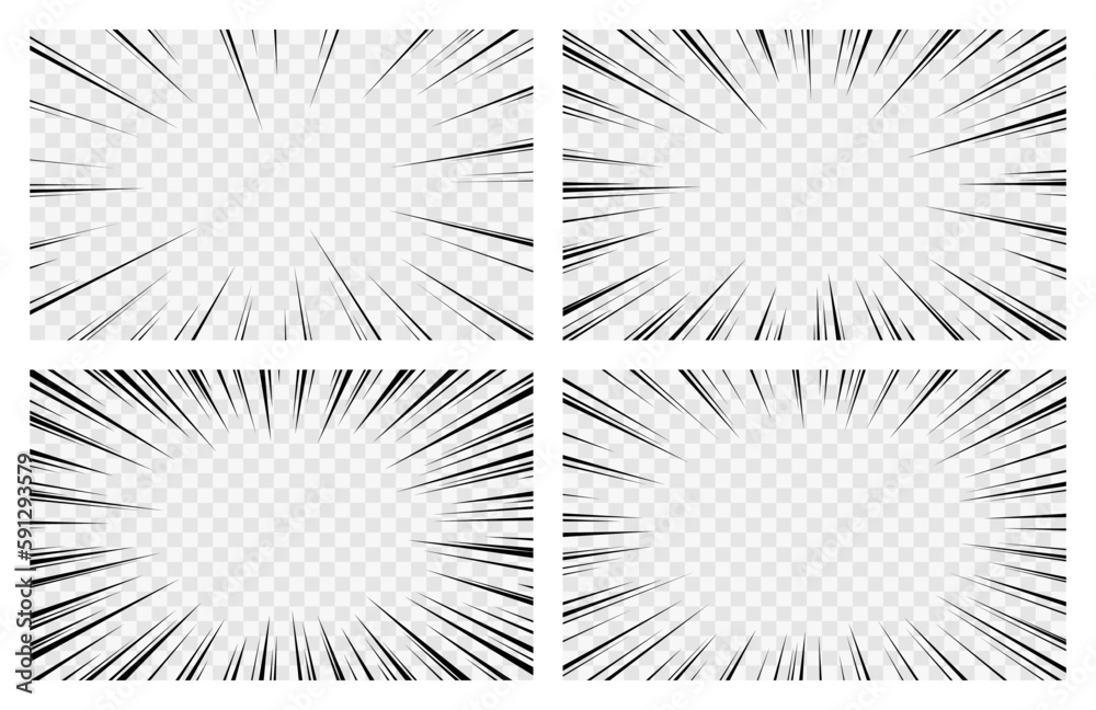 Fototapeta premium Manga transparent background, comic explosion effect. Abstract vector anime comics book flash light frames set. Monochrome borders with radial lines. Super hero burst, ray blast glow, speed motion