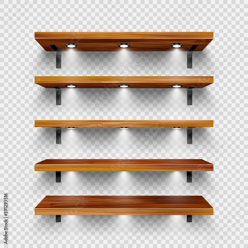 Realistic wooden store shelves with wall mount and lighting, spotlights. Empty product shelf, grocery wall rack. Mall and supermarket furniture, bookshelf. Interior design. Vector illustration