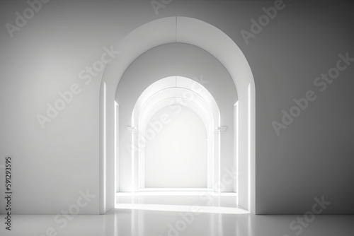 white archway with a beam of light shining through. Generative AI