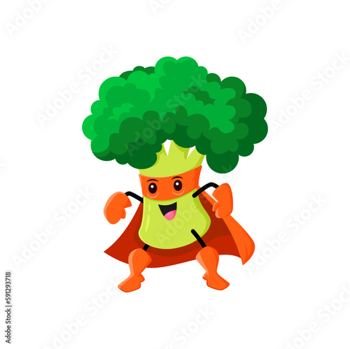 Cartoon broccoli super hero vegetable character. Isolated vector funny vitamin healthy food personage in cape and mask stand in confident pose. Comic book or fairytale game cheerful superhero greenery