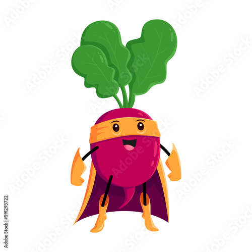 Cartoon radish vegetable super hero character. Isolated vector Funny fairytale comics book vitamin in cape and mask, healthy food, superhero personage in cloak with super power ready for adventure