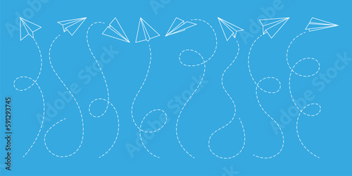 Paper aeroplane dotted white lines. Air transport, aviation travel and transportation business vector abstract sign. Creativity and leadership, idea concept or symbol with handmade origami toy plane