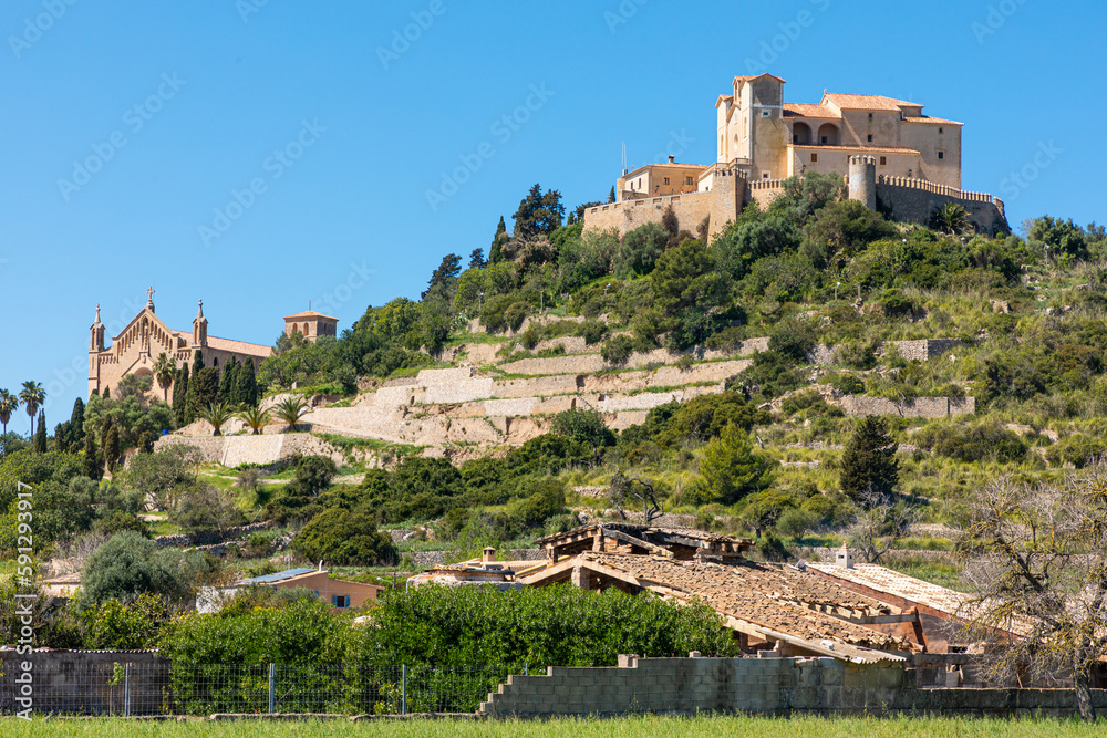 Castle and Sant Salvador Sanctuary, in the village of Artá, in Mallorca (Balearic Islands, Spain). .