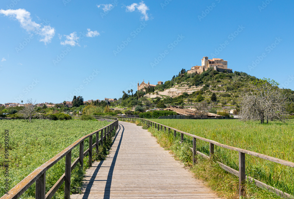 Artá Castle and Sant Salvador Sanctuary, in the village of Artá, in Mallorca (Balearic Islands, Spain). View from the wooden path at the foot of the hill, with the green countryside in spring.