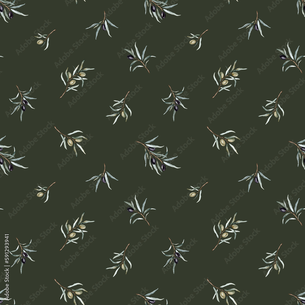 Watercolor seamless pattern with black and green olives and branch. Hand painted olives isolated on white background. Botanical illustration for design, print, fabric or background Watercolor seamless pattern with black and green olives and branch. Hand painted olives isolated on white background. Botanical illustration for design, print, fabric or background