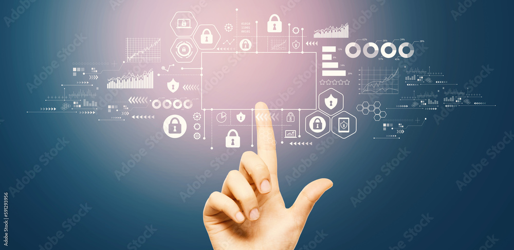 Cyber security theme with hand pressing a button on a technology screen Cyber security theme with hand pressing a button on a technology screen
