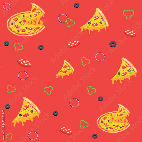 Pizza pattern on a red background. Pizza illustration with salami, olives and onions