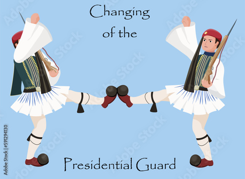 Changing of the Greek Presidential Guard on a blue background. Evzones. Athens. Vector illustration of traditions of different countries.