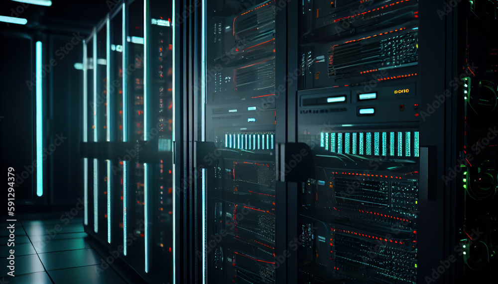 Data center computer racks in network security serve. AI generated Data center computer racks in network security serve. AI generated