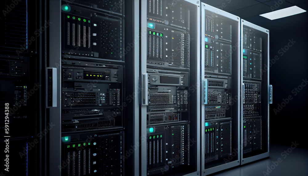 Data center computer racks in network security serve. AI generated Data center computer racks in network security serve. AI generated