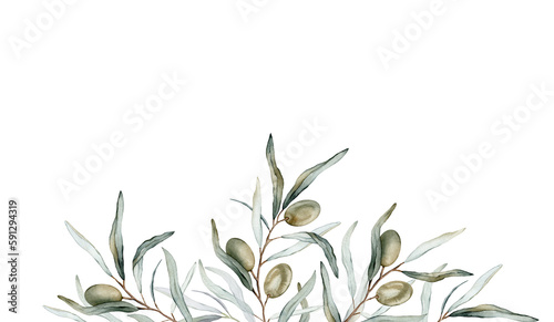 Watercolor banner with green olive leaves branches.Watercolor olive in bouquet. Decorative element for greeting card. Illustration
