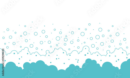 Bubble soap background, cartoon water foam, bath line pattern. Shower border. Soda, shampoo, laundry suds, wash frame. Underwater, fizz drink, carbonated splash, blue soft cloud. Vector illustration