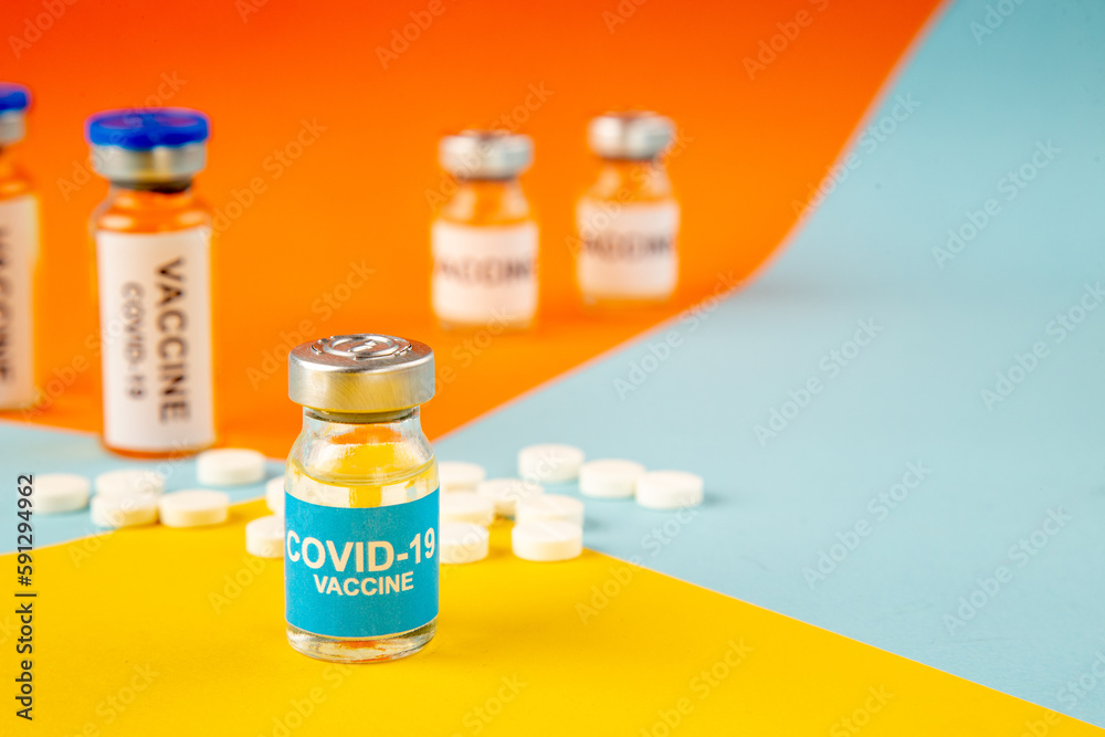 front view antivirus vaccines with pills on colorful background cure virus lab drug covid- health science hospital