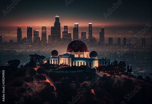 Fotografia The Griffith Observatory and Los Angeles city skyline