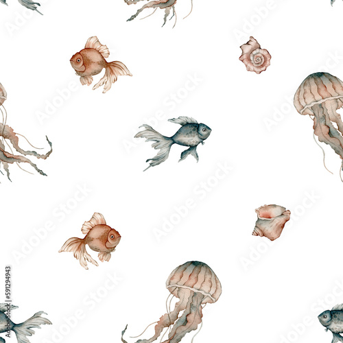 Seamless pattern with watercolor ocean shell  fish aquarium  jellyfish  medusa. Hand painted seashells pattern. Watercolor vintage ocean background. Original hand drawn illustration. Marine design.