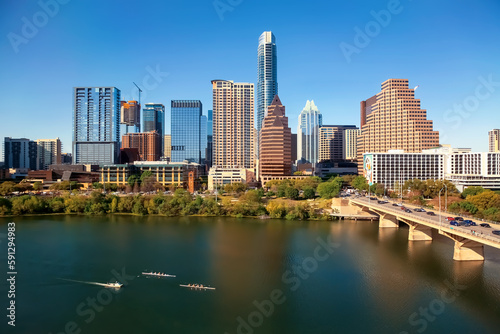Downtown Austin Texas skyline with view of the Colorado river © Tierney