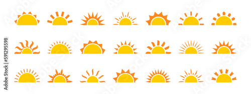 Sun half vector icon, sunrise sign, morning light, yellow burst, summer symbol isolated on white background. Cartoon solar ray illustration