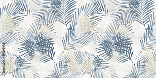 Watercolor palm leaves seamless vector pattern. Exotic leaves background, textured jungle print