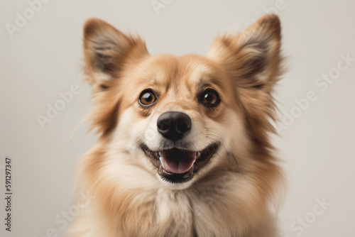 A close-up, heartwarming image of a dog's smiling face, showcasing its expressive eyes and joyful expression, set against a white background. Generative Ai. © bluebeat76