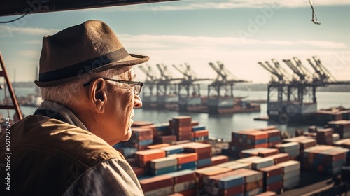 Senior Serenity: Man Reflecting on the Horizon over a Busy Harbor Ships spotting lot of containers, GENERATIVE AI