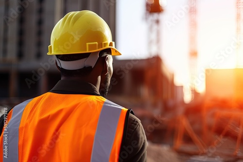 Back view of african-american male engineer wearing safety helmet and reflective vest at construction site at sunset. Generative AI.