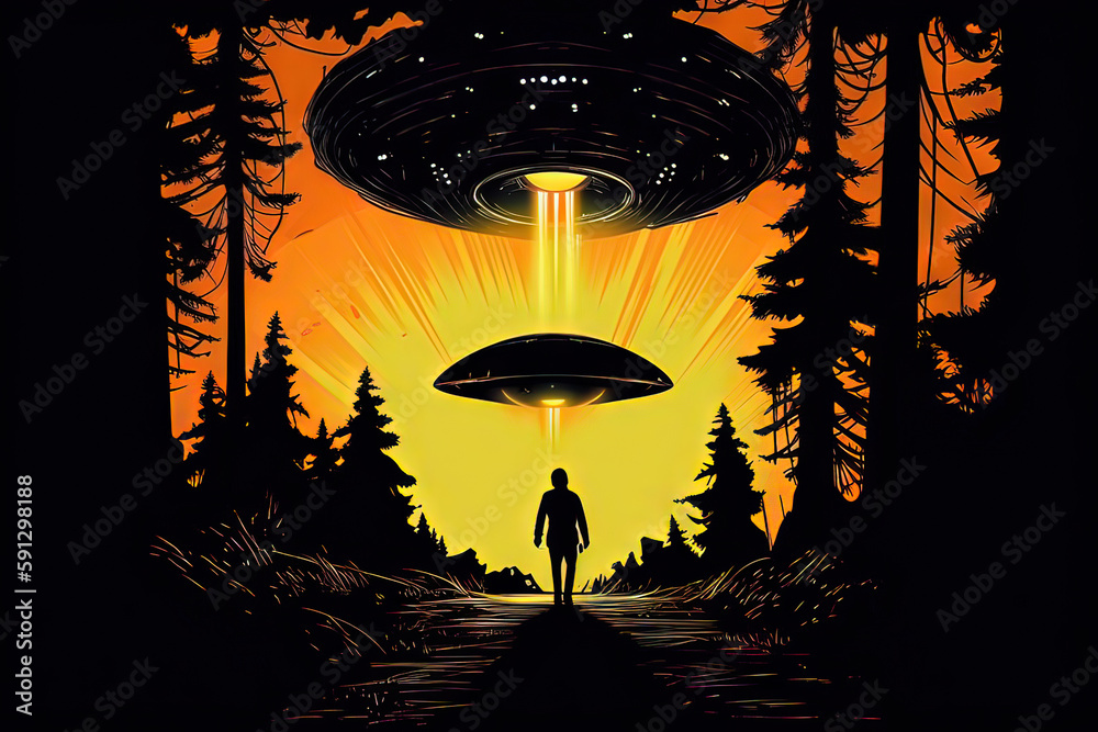 flying saucer Alien abduction scene over a campsite Stock Illustration ...