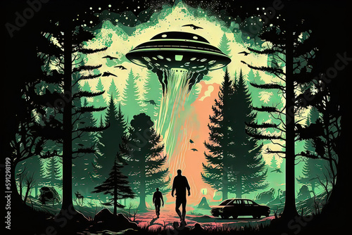 flying saucer Alien abduction scene over a campsite