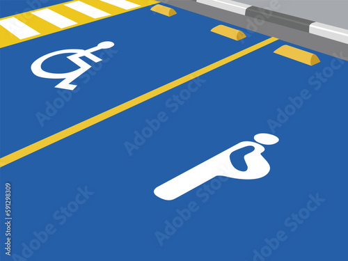 Exclusive parking spaces in blue with the respective symbols in white. Disabled and pregnant woman. Bounding bands in yellow. EPS Illustration. 