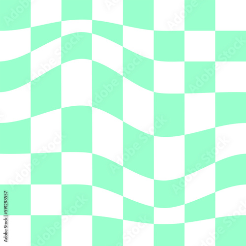Psychedelic pattern with warped green and white squares. Distorted chess board background. Checkered optical illusion. Plaid or flag texture. Dizzy checkerboard surface