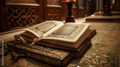 Quran - holy book of Islam in mosque . Generative ai