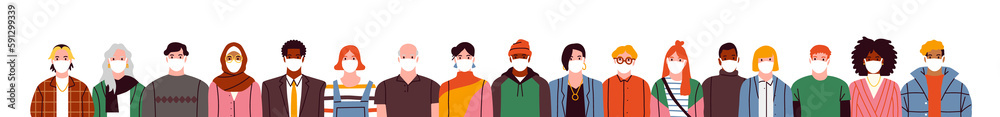 Obraz premium Big diverse people crowd wearing face mask on isolated white background. Young and old adult characters in flat cartoon style. Disease prevention or air pollution protection concept.