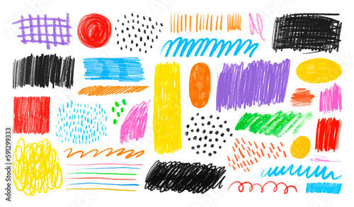 Colorful hand drawn doodle shape set on isolated white background. Random childish pencil color shapes and scribble bundle.