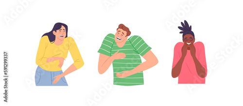 Set of diverse young people laughing at something funny. Man and woman characters crying of laughter in modern flat cartoon style. Funny social reaction collection. photo